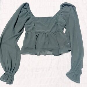 Abercrombie & Fitch Peplum Puff Sleeve Cordet Blouse Top Olive Green Size XS